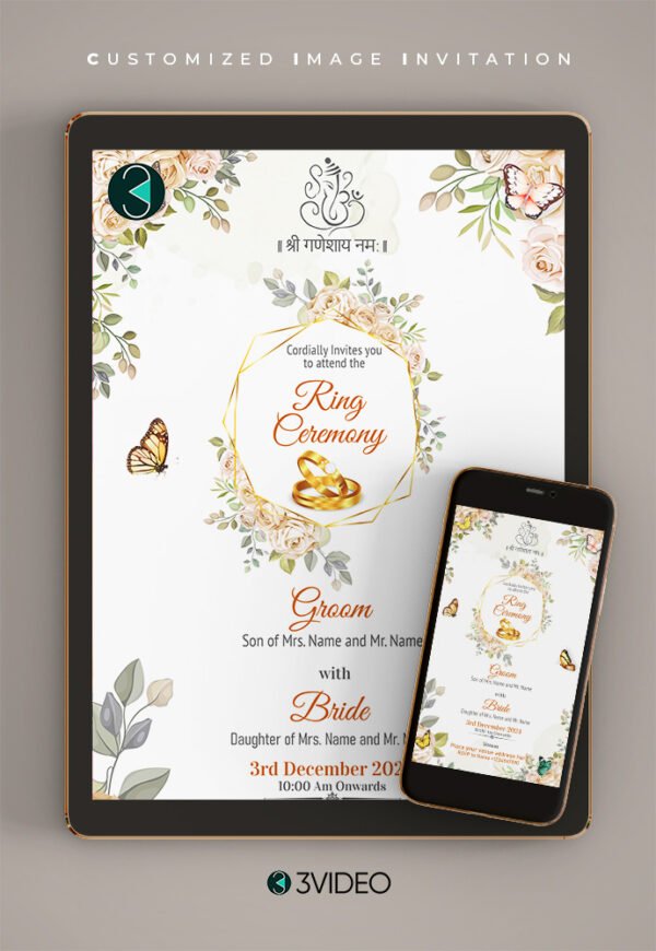 Engagement & Ring Ceremony Invitation Image Card | Yellow Gold | 3VIDEO.IN